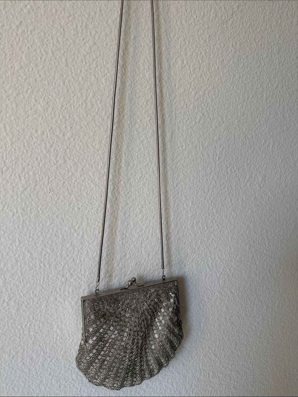 Vintage Silver Beaded Evening Bag with Chain Strap